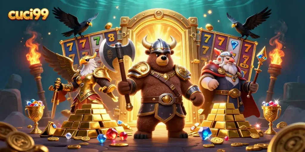 Experience thrilling wins at cuci99 with a vibrant 3D scene featuring epic gaming characters and treasures.