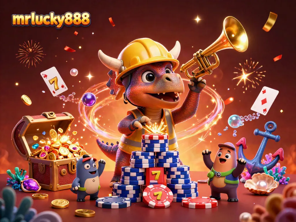 Win big with mrlucky888 in a vibrant, celebratory casino scene filled with games and excitement.