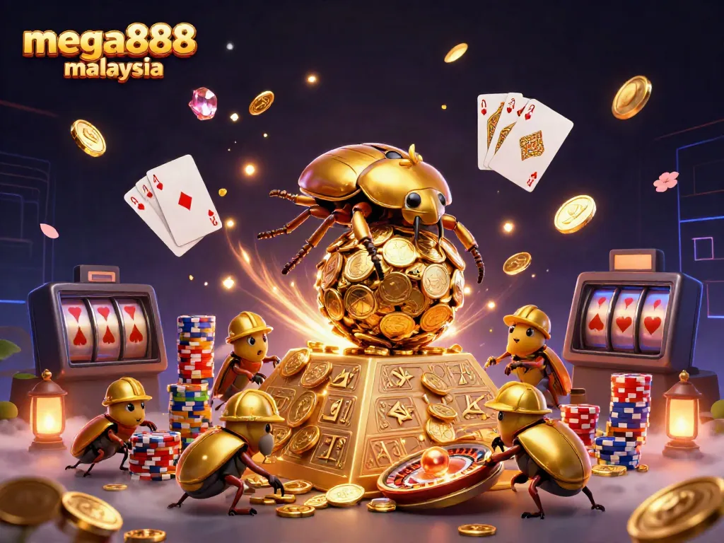 Experience the excitement of mega888 malaysia with golden beetles and casino elements in a vibrant scene.