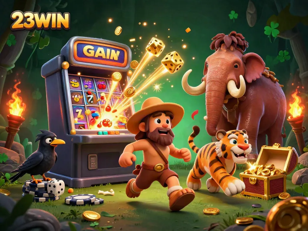 Experience thrilling wins at 23WIN in a dynamic prehistoric casino scene with exciting slot machines.