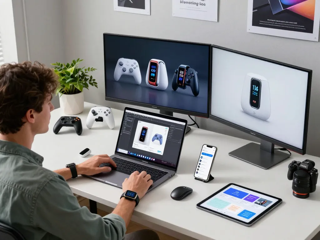 Person using smart tech gadgets in a modern workspace, showcasing Bluetooth devices and innovative tools.
