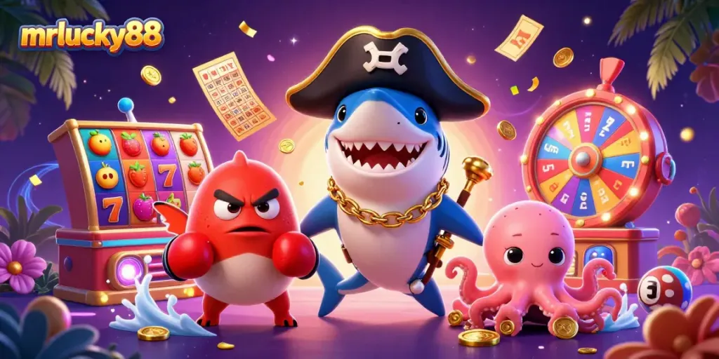 Join the fun at mrlucky88 with our cartoon characters celebrating casino games, featuring dynamic slot elements!