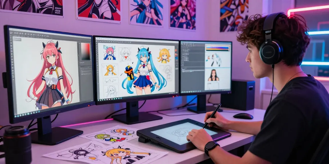 AI ecchi character design workspace with vibrant neon lights, showcasing creativity and digital artistry.