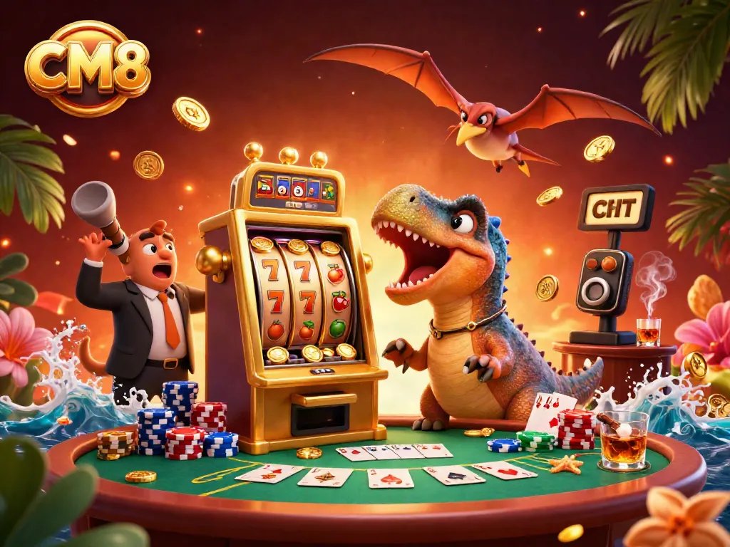 CM8 casino illustration with a dinosaur and dynamic slot machine jackpot scene filled with vibrant gaming elements.