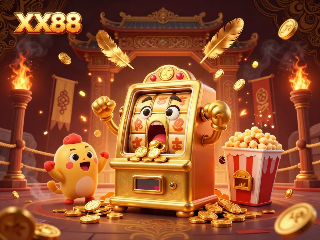 Experience the excitement of XX88 with a golden slot machine celebrating its jackpot in a vibrant casino atmosphere.