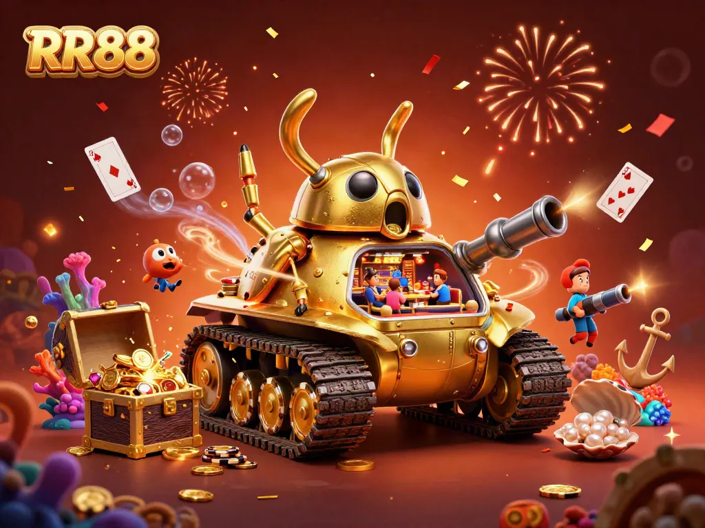 Experience the vibrant RR88 casino magic with a dynamic 3D scene depicting a golden beetle tank revealing a miniature casino and treasures.