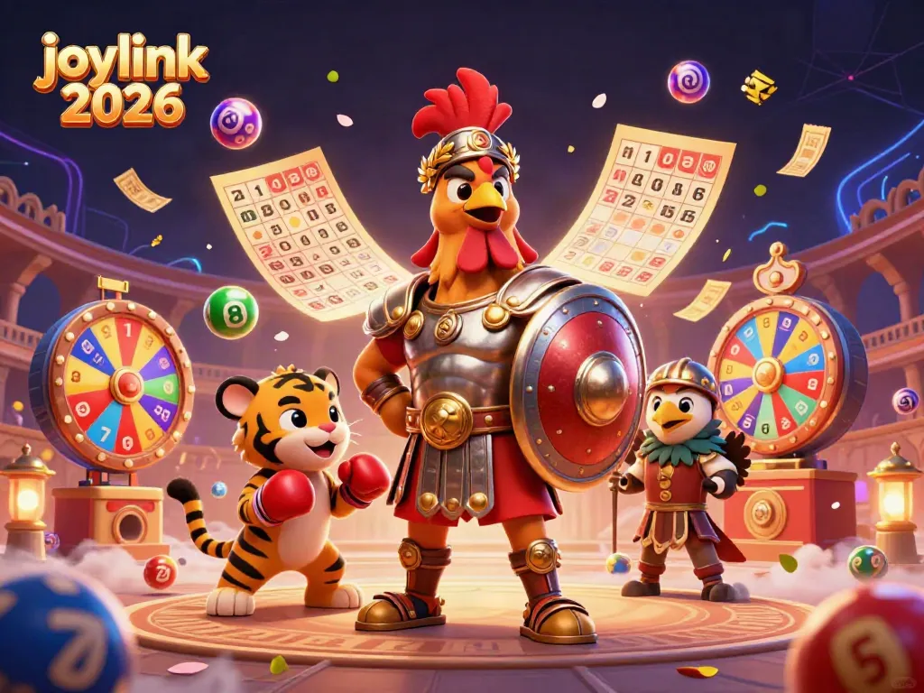 Spin lottery excitement with joylink 2026, featuring a dynamic scene of a gladiator rooster and colorful game elements.