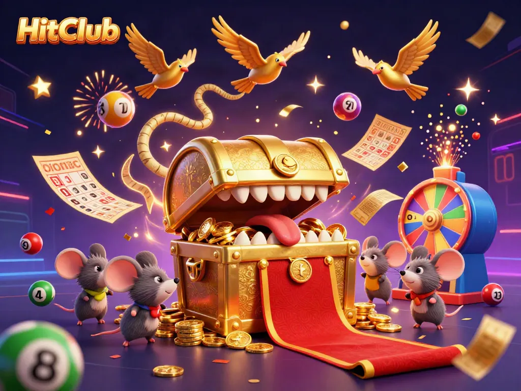 Engaging HitClub 3D illustration with a golden treasure chest, lottery elements, and dynamic casino setup.