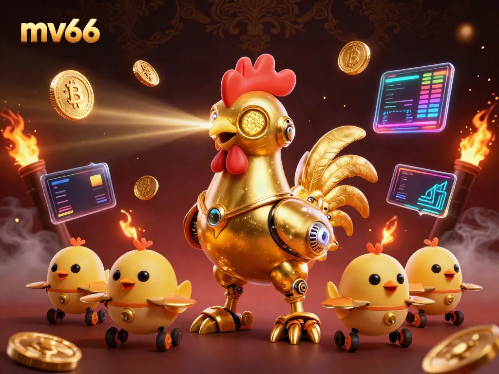 Experience the excitement of mv66 with a vibrant 3D casino scene featuring a golden rooster robot and crypto elements.