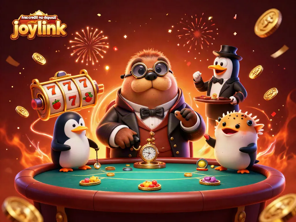 Win big with free credit no deposit joylink bonuses in vibrant 3D casino illustration.