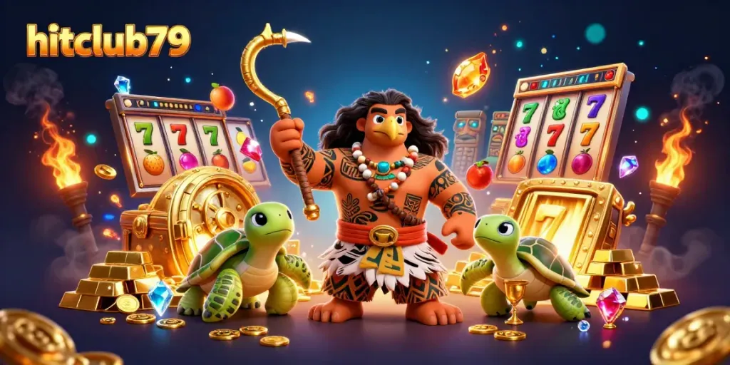 Experience thrilling gaming at hitclub79 with vibrant slot reels and dynamic gold elements.