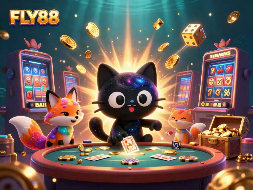 Engaging FLY88 casino scene with a cosmic black hole cat and colorful fox, vibrant gambling excitement.