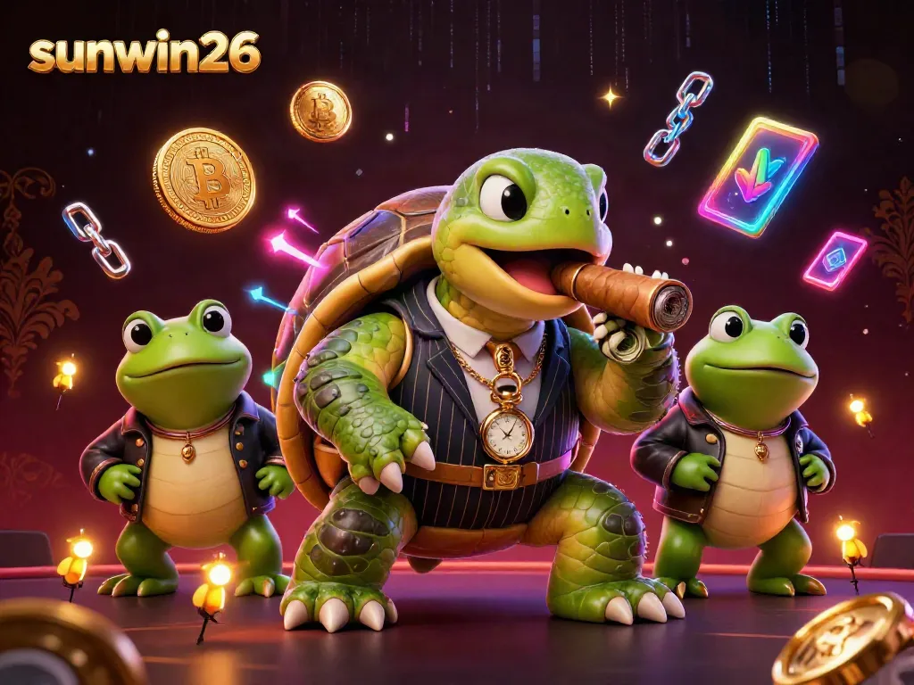 Experience high-stakes gaming with sunwin26 featuring a cartoon turtle in a casino scene.