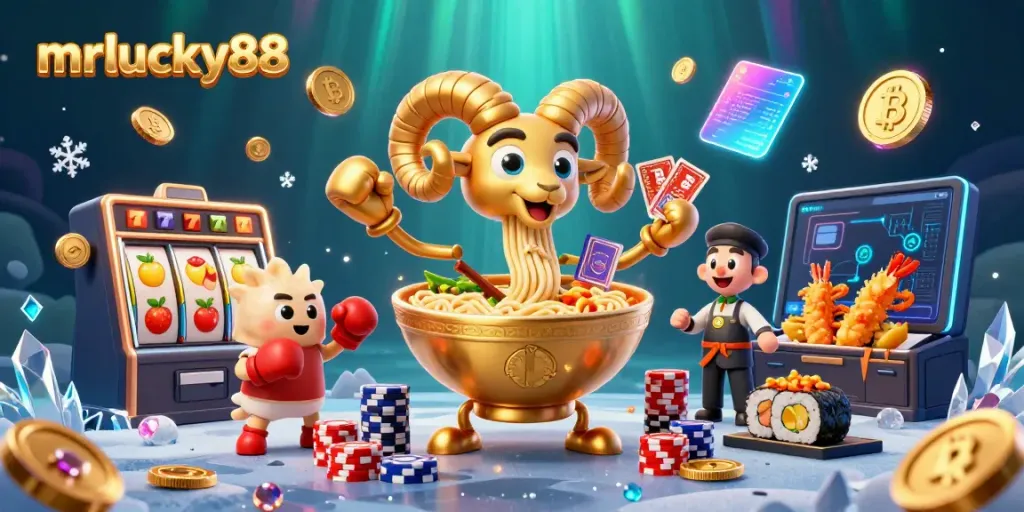 Experience the vibrant MrLucky88 casino world with animated characters, slot elements, crypto coins, and dynamic scenes.