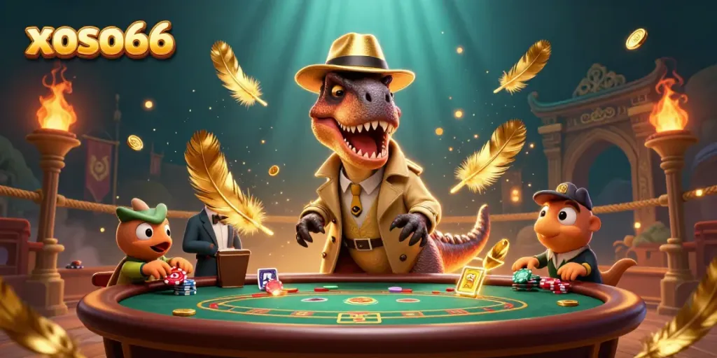 xoso66 entertains players with a cartoon velociraptor card counter, creating a lively casino scene