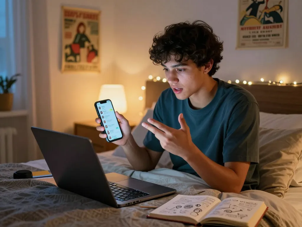 Engaging in an ai chat nsfw conversation in a cozy bedroom, illuminated by laptop glow.