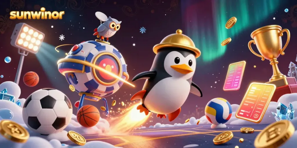Engage with sunwinor's dynamic casino space where a golden penguin and sports elements create a thrilling atmosphere.