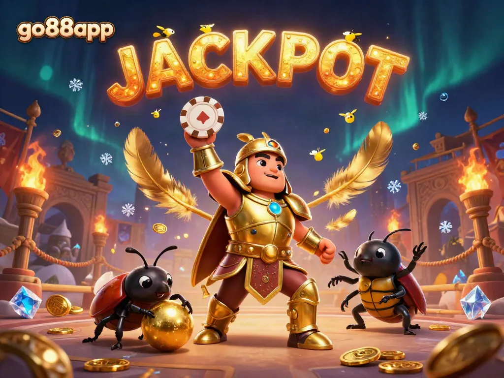 Witness the go88app excitement in this vibrant 3D scene showcasing a herculean beetle in golden armor celebrating a jackpot.