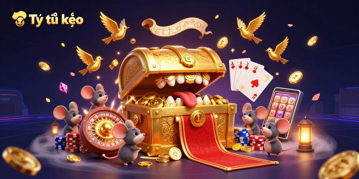 Experience Tỷ lệ kèo with dynamic illustration of a treasure chest and golden treasures.