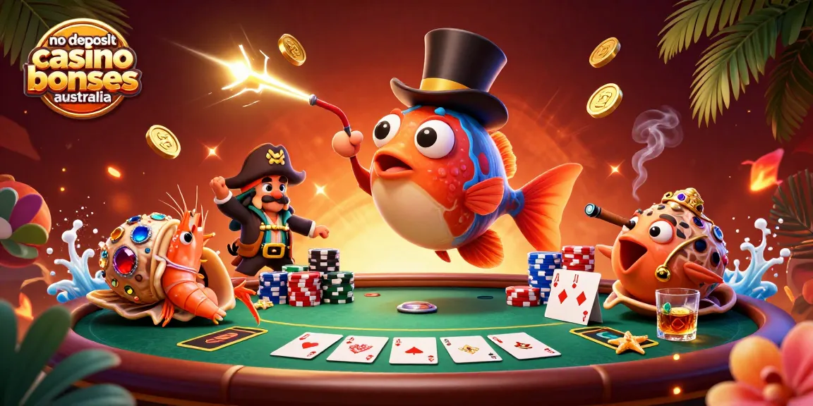 No deposit casino bonuses Australia illustrated by a 3D anglerfish, pirate shrimp, and gemstone snail at a vibrant poker scene.