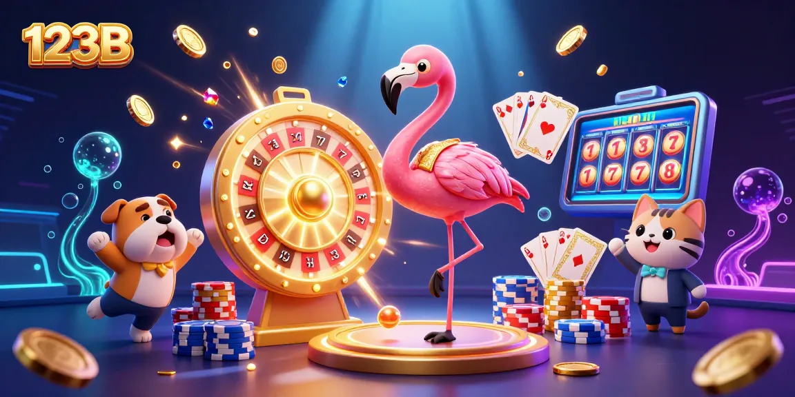 Engage with exciting casino action at 123B, featuring a flamingo host, bulldog contestant, and dazzling prizes.