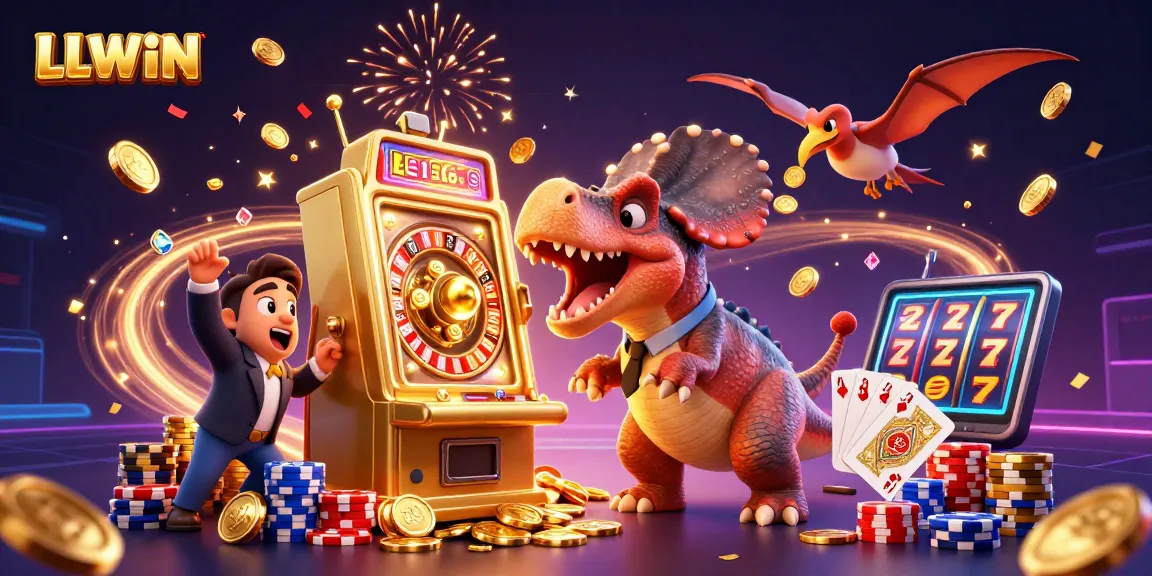 LLWIN showcases a thrilling casino scene with a dinosaur, jackpot coins, and colorful elements.