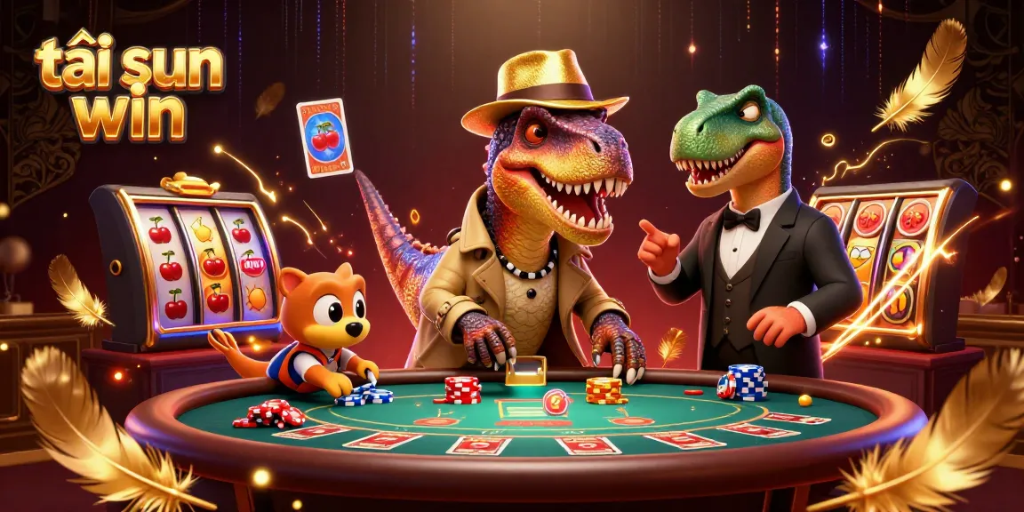 The vibrant scene showcasing a 3D velociraptor card counter and friends plays at the casino, emphasizing tải sun win gameplay.