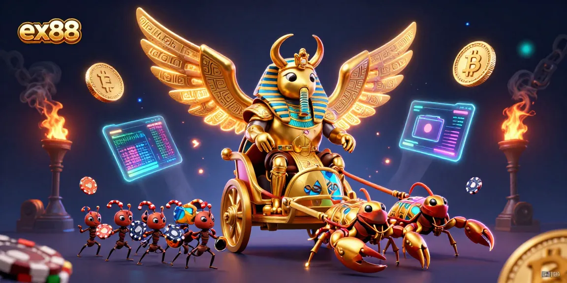 Experience the excitement of ex88 with a captivating 3D illustration showcasing golden beetles and crypto coins.