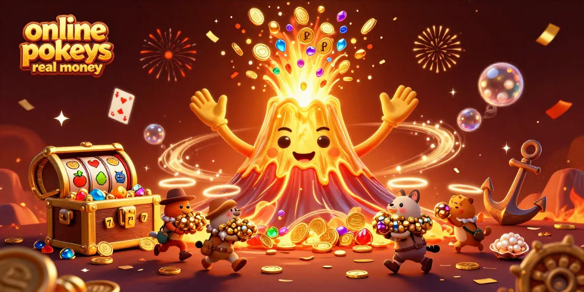 Play online pokies real money with a triumphant golden volcano and treasure-filled scene