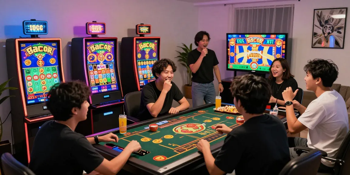 Players enjoying slot gacor games in a lively home gaming setup, surrounded by vibrant decor and snacks.