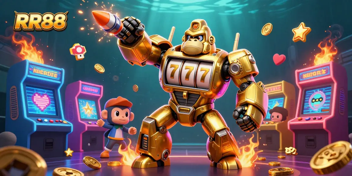 RR88 offers a thrilling gaming experience featuring a golden gorilla mech surrounded by colorful gaming elements.